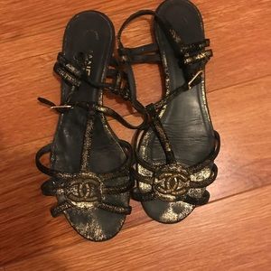 Chanel Black and Gold Flat Sandal